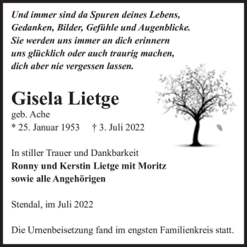 Traueranzeige von Gisela Lietge (geb. Ache)  von Magdeburger Volksstimme