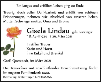 Traueranzeige von Gisela Lindau (geb. Leitzinger)  von Magdeburger Volksstimme