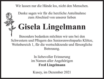 Traueranzeige von Gisela Lingelmann  von Magdeburger Volksstimme