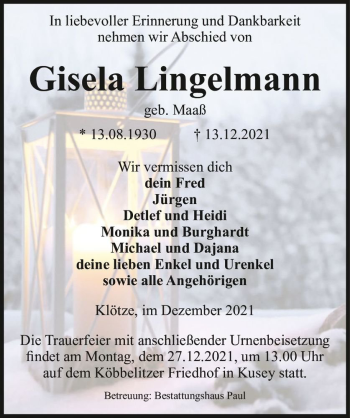 Traueranzeige von Gisela Lingelmann (geb. Maaß)  von Magdeburger Volksstimme