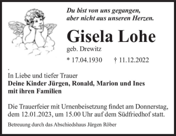 Traueranzeige von Gisela Lohe (geb. Drewitz)  von Magdeburger Volksstimme