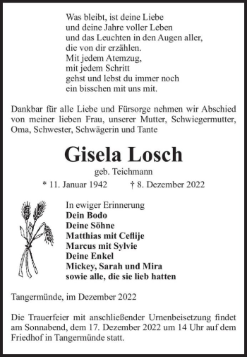 Traueranzeige von Gisela Losch (geb. Teichmann)  von Magdeburger Volksstimme