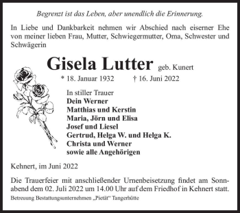 Traueranzeige von Gisela Lutter (geb. Kunert)  von Magdeburger Volksstimme