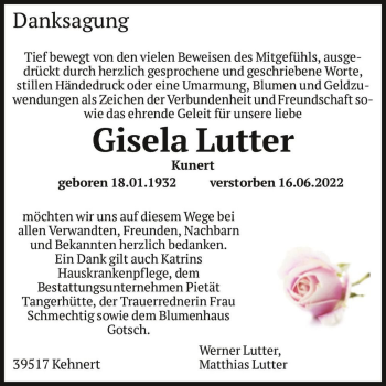 Traueranzeige von Gisela Lutter (geb. Kunert)  von Magdeburger Volksstimme