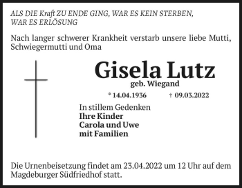 Traueranzeige von Gisela Lutz (geb. Wiegand)  von Magdeburger Volksstimme