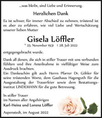 Traueranzeige von Gisela Löffler  von Magdeburger Volksstimme