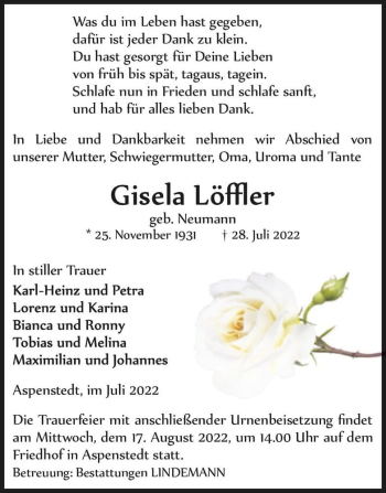 Traueranzeige von Gisela Löffler (geb. Neumann)  von Magdeburger Volksstimme