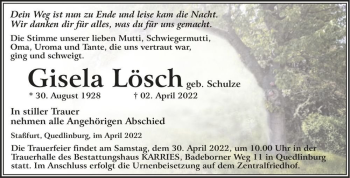 Traueranzeige von Gisela Lösch (geb. Schulze)  von Magdeburger Volksstimme