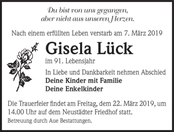 Traueranzeige von Gisela Lück  von Magdeburger Volksstimme