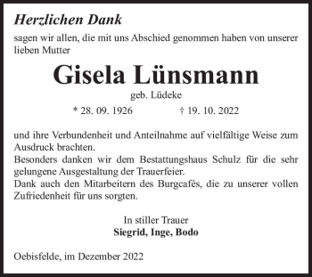 Traueranzeige von Gisela Lünsmann (geb. Lüdeke)  von Magdeburger Volksstimme