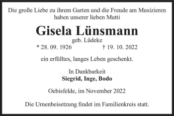 Traueranzeige von Gisela Lünsmann (geb. Lüdeke)  von Magdeburger Volksstimme