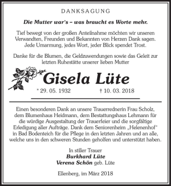 Traueranzeige von Gisela Lüte  von Magdeburger Volksstimme
