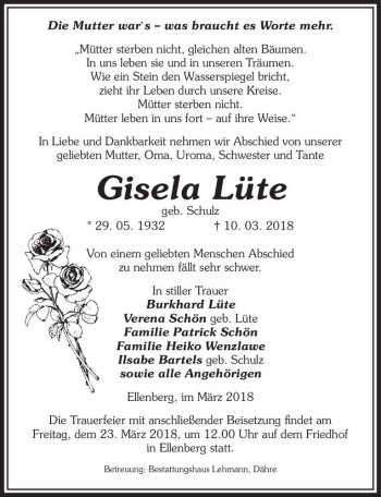 Traueranzeige von Gisela Lüte (geb. Schulz)  von Magdeburger Volksstimme