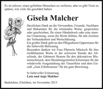 Traueranzeige von Gisela Malcher  von Magdeburger Volksstimme