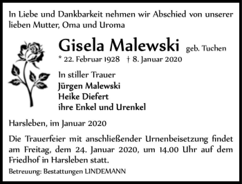 Traueranzeige von Gisela Malewski (geb. Tuchen)  von Magdeburger Volksstimme
