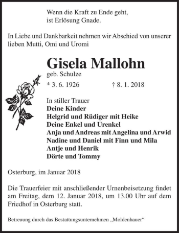 Traueranzeige von Gisela Mallohn (geb. Schulze)  von Magdeburger Volksstimme