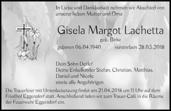Traueranzeige von Gisela Margot Lachetta (geb. Birke)  von Magdeburger Volksstimme