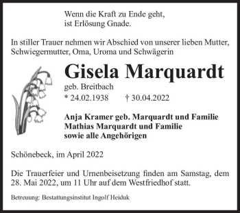 Traueranzeige von Gisela Marquardt (geb. Breitbach)  von Magdeburger Volksstimme