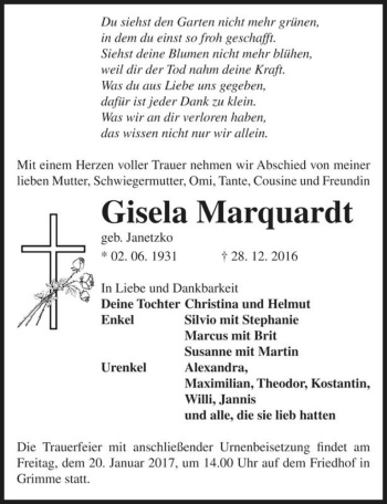 Traueranzeige von Gisela Marquardt (geb. Janetzko)  von Magdeburger Volksstimme
