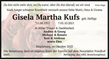Traueranzeige von Gisela Martha Kufs (geb. Hellige)  von Magdeburger Volksstimme