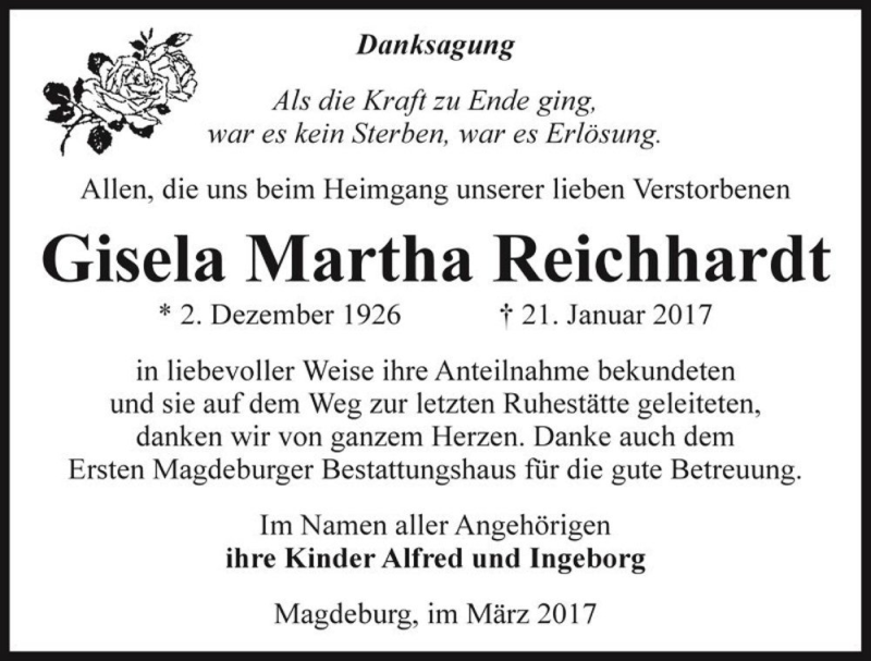  Traueranzeige für Gisela Martha Reichhardt  vom 18.03.2017 aus Magdeburger Volksstimme