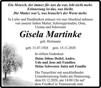 Traueranzeige von Gisela Martinke (geb. Heitmann)  von Magdeburger Volksstimme