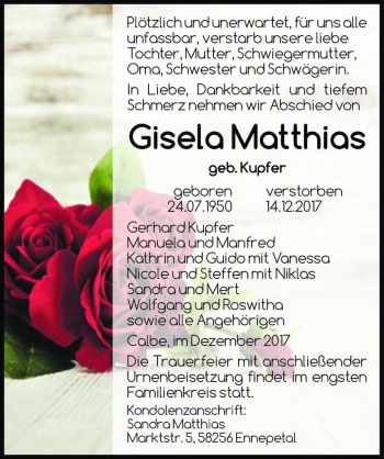 Traueranzeige von Gisela Matthias (geb. Kupfer)  von Magdeburger Volksstimme