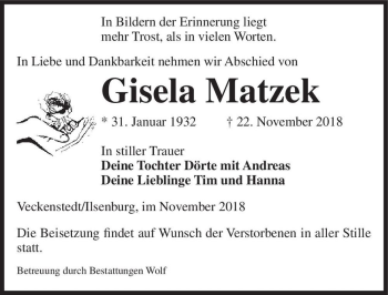 Traueranzeige von Gisela Matzek  von Magdeburger Volksstimme
