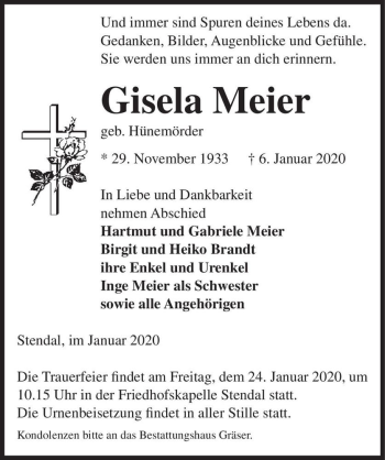 Traueranzeige von Gisela Meier (geb. Hünemörder)  von Magdeburger Volksstimme