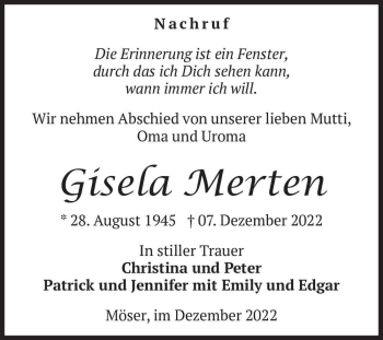 Traueranzeige von Gisela Merten  von Magdeburger Volksstimme