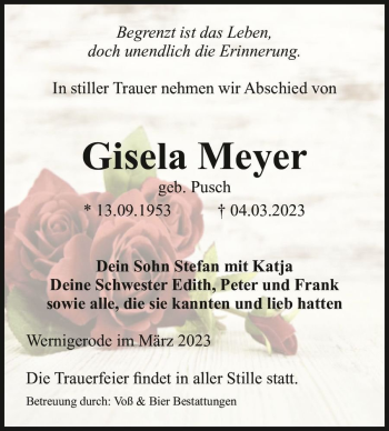 Traueranzeige von Gisela Meyer (geb. Pusch)  von Magdeburger Volksstimme