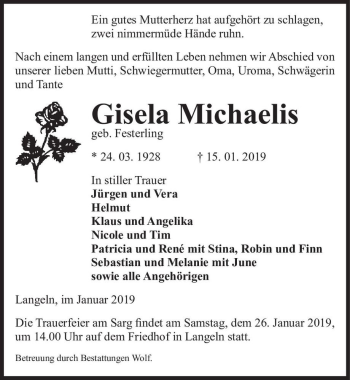 Traueranzeige von Gisela Michaelis (geb. Festerling)  von Magdeburger Volksstimme