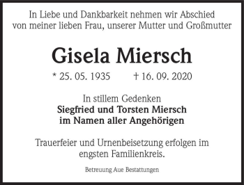 Traueranzeige von Gisela Miersch  von Magdeburger Volksstimme
