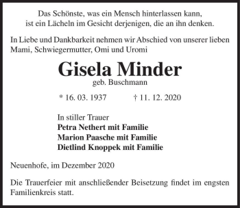 Traueranzeige von Gisela Minder (geb. Buschmann)  von Magdeburger Volksstimme