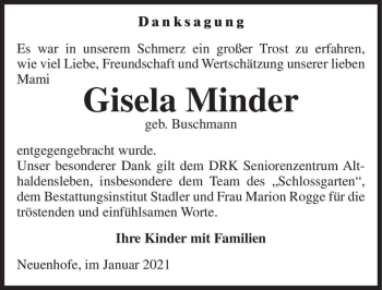 Traueranzeige von Gisela Minder (geb. Buschmann)  von Magdeburger Volksstimme
