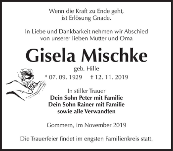 Traueranzeige von Gisela Mischke (geb. Hille)  von Magdeburger Volksstimme