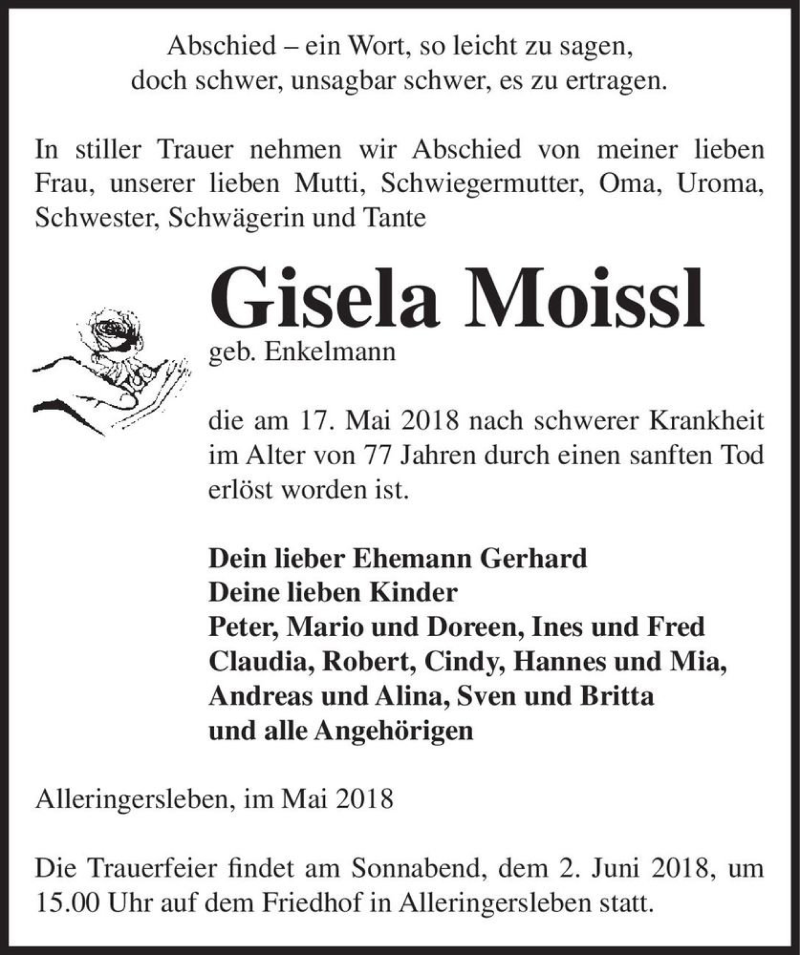  Traueranzeige für Gisela Moissl (geb. Enkelmann)  vom 19.05.2018 aus Magdeburger Volksstimme