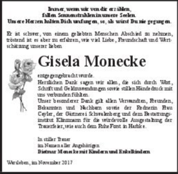 Traueranzeige von Gisela Monecke  von Magdeburger Volksstimme