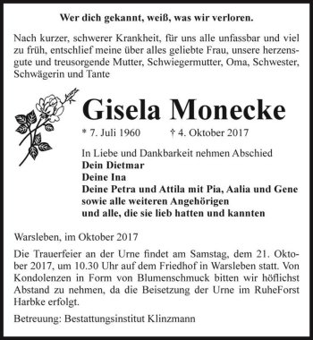 Traueranzeige von Gisela Monecke  von Magdeburger Volksstimme