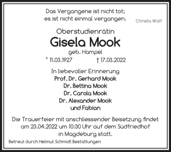 Traueranzeige von Gisela Mook (geb. Hampel)  von Magdeburger Volksstimme