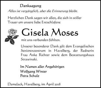 Traueranzeige von Gisela Moses  von Magdeburger Volksstimme