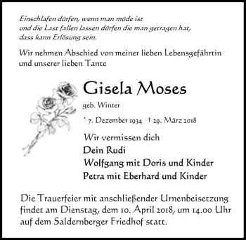 Traueranzeige von Gisela Moses (geb. Winter)  von Magdeburger Volksstimme