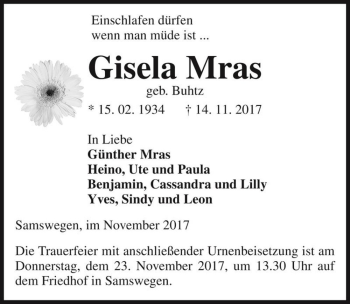 Traueranzeige von Gisela Mras (geb. Buhtz)  von Magdeburger Volksstimme