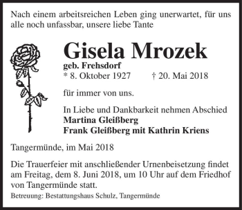 Traueranzeige von Gisela Mrozek (geb. Frehsdorf)  von Magdeburger Volksstimme