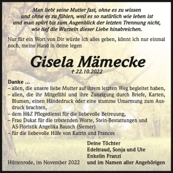 Traueranzeige von Gisela Mämecke  von Magdeburger Volksstimme