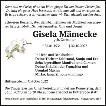 Traueranzeige von Gisela Mämecke (geb. Garmatter)  von Magdeburger Volksstimme