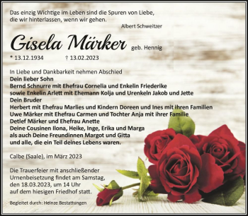 Traueranzeige von Gisela Märker (geb. Hennig)  von Magdeburger Volksstimme