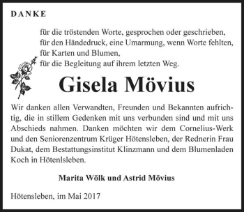 Traueranzeige von Gisela Mövius  von Magdeburger Volksstimme