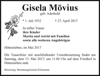 Traueranzeige von Gisela Mövius (geb. Aderhold)  von Magdeburger Volksstimme