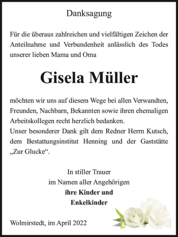 Traueranzeige von Gisela Müller  von Magdeburger Volksstimme